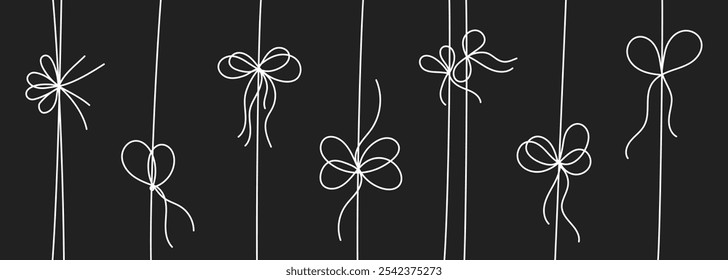 White line style gift ribbon bows set isolated on black background. Doodle line style gift box ribbon bows in a thin, simple, minimal hand drawn design for elegant festive present decoration.