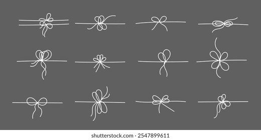 White line style gift ribbon bows set isolated on black background. Doodle line style gift box ribbon bows in a thin, simple, minimal hand drawn design for elegant festive present decoration.