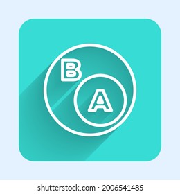 White line Subsets, mathematics, a is subset of b icon isolated with long shadow. Green square button. Vector