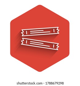 White line Sugar stick packets icon isolated with long shadow. Blank individual package for bulk food products as coffee, salt, spices. Red hexagon button. Vector