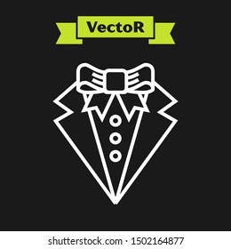 White line Suit icon isolated on black background. Tuxedo. Wedding suits with necktie.  Vector Illustration
