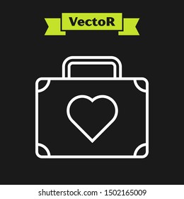 White line Suitcase for travel with heart icon isolated on black background. Honeymoon symbol. Traveling baggage sign. Travel luggage icon.  Vector Illustration