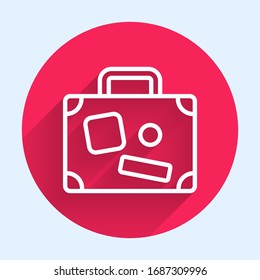 White line Suitcase for travel icon isolated with long shadow. Traveling baggage sign. Travel luggage icon. Red circle button. Vector Illustration
