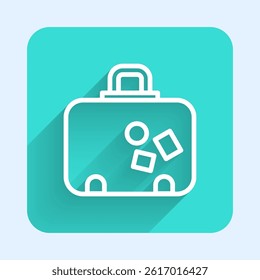 White line Suitcase for travel icon isolated with long shadow. Traveling baggage sign. Travel luggage icon. Green square button. Vector