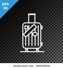 White line Suitcase for travel and stickers icon isolated on transparent dark background. Traveling baggage sign. Travel luggage icon.  Vector Illustration