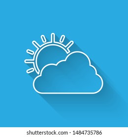 White line Sun and cloud weather icon isolated with long shadow.  Vector Illustration