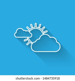 White line Sun and cloud weather icon isolated with long shadow.  Vector Illustration