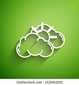 White line Sun and cloud weather icon isolated on green background.  Vector Illustration