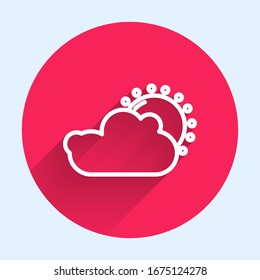 Línea blanca Icono de sol y nube aislados con una larga sombra. Botón de círculo rojo.  Ilustración vectorial