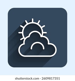 White line Sun and cloud weather icon isolated with long shadow background. Blue square button. Vector