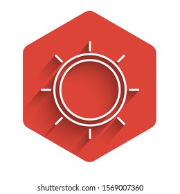 White line Sun icon isolated with long shadow. Red hexagon button. Vector Illustration