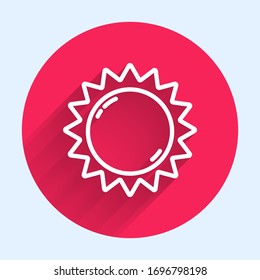 Icono de Sun de línea blanca aislado con una sombra larga. Símbolo de verano. Buen día soleado. Botón de círculo rojo. Ilustración vectorial