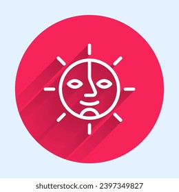 White line Sun icon isolated with long shadow. Red circle button. Vector