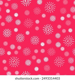 White line Sun icon isolated seamless pattern on red background.  Vector