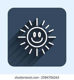 White line Sun icon isolated with long shadow background. Blue square button. Vector