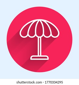 White Line Sun Protective Umbrella For Beach Icon Isolated With Long Shadow. Large Parasol For Outdoor Space. Beach Umbrella. Red Circle Button. Vector Illustration