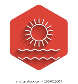 White line Sun and waves icon isolated with long shadow background. Red hexagon button. Vector Illustration