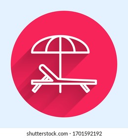 White line Sunbed icon isolated with long shadow. Beach umbrella and Sun lounger. Red circle button. Vector Illustration