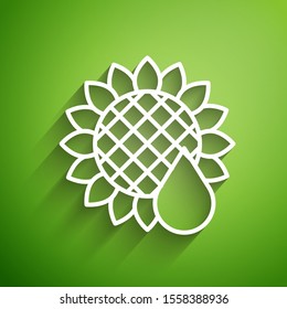 White line Sunflower icon isolated on green background.  Vector Illustration
