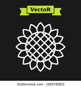 White line Sunflower icon isolated on black background.  Vector Illustration