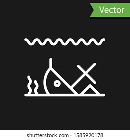 White line Sunken ship at the bottom of the sea icon isolated on black background.  Vector Illustration