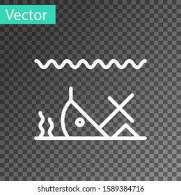 White line Sunken ship at the bottom of the sea icon isolated on transparent background.  Vector Illustration