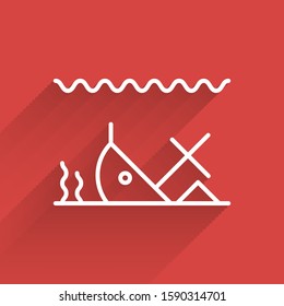 White line Sunken ship at the bottom of the sea icon isolated with long shadow.  Vector Illustration