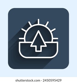 White line Sunrise icon isolated with long shadow background. Blue square button. Vector