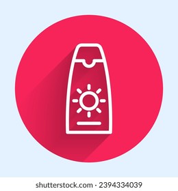 White line Sunscreen cream in tube icon isolated with long shadow background. Protection for the skin from solar ultraviolet light. Red circle button. Vector