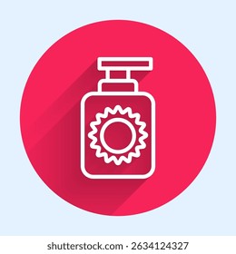 White line Sunscreen spray bottle icon isolated with long shadow. Protection for the skin from solar ultraviolet light. Red circle button. Vector Illustration