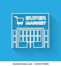 White line Supermarket building with shopping cart icon isolated with long shadow. Shop or store. Mall building.  Vector Illustration