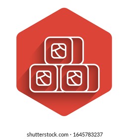 White line Sushi icon isolated with long shadow. Traditional Japanese food. Red hexagon button. Vector Illustration