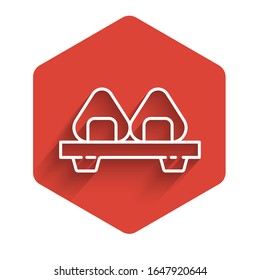 White line Sushi on cutting board icon isolated with long shadow. Asian food sushi on wooden board. Red hexagon button. Vector Illustration