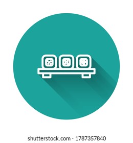 White line Sushi on cutting board icon isolated with long shadow. Asian food sushi on wooden board. Green circle button. Vector.