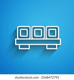 White line Sushi on cutting board icon isolated on blue background. Asian food sushi on wooden board. Long shadow. Vector