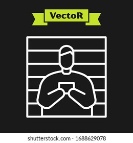 White line Suspect criminal icon isolated on black background. The criminal in prison, suspected near the board.  Vector Illustration