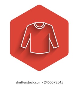 White line Sweater icon isolated with long shadow background. Pullover icon. Sweatshirt sign. Red hexagon button. Vector