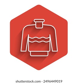 White line Sweater icon isolated with long shadow. Pullover icon. Red hexagon button. Vector