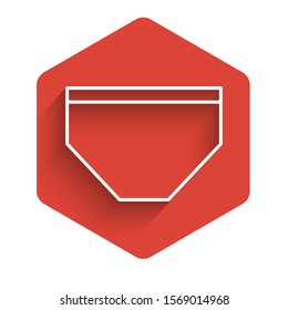 White line Swimming trunks icon isolated with long shadow background. Red hexagon button. Vector Illustration