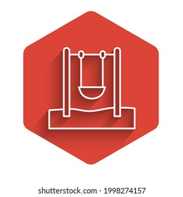 White line Swing for kids summer games on playground icon isolated with long shadow. Outdoor entertainment equipment. Red hexagon button. Vector