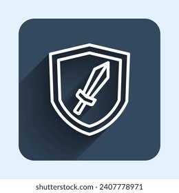 White line Sword for game icon isolated with long shadow background. Blue square button. Vector