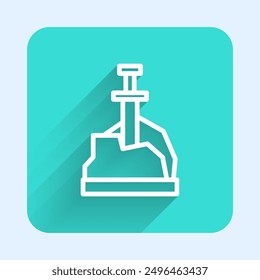 White line Sword in the stone icon isolated with long shadow. Excalibur the sword in the stone from the Arthurian legends. Green square button. Vector