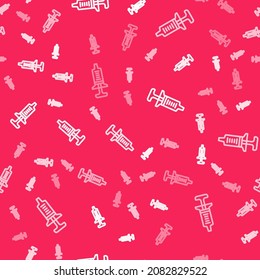 White line Syringe icon isolated seamless pattern on red background. Syringe for vaccine, vaccination, injection, flu shot. Medical equipment.  Vector