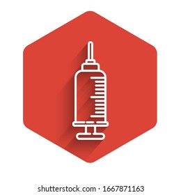 White line Syringe with pet vaccine icon isolated with long shadow. Dog or cat paw print. Red hexagon button. Vector Illustration