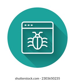 White line System bug concept icon isolated with long shadow background. Code bug concept. Bug in the system. Bug searching. Green circle button. Vector