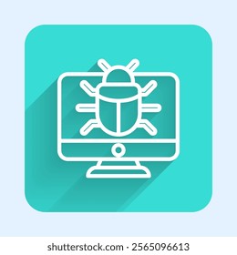 White line System bug on monitor icon isolated with long shadow. Code bug concept. Bug in the system. Bug searching. Green square button. Vector