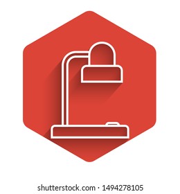 White line Table lamp icon isolated with long shadow. Table office lamp. Red hexagon button. Vector Illustration