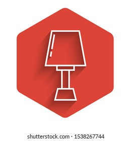 White line Table lamp icon isolated with long shadow. Red hexagon button. Vector Illustration