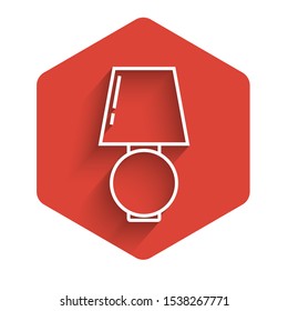 White line Table lamp icon isolated with long shadow. Red hexagon button. Vector Illustration