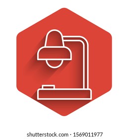 White line Table lamp icon isolated with long shadow. Table office lamp. Red hexagon button. Vector Illustration